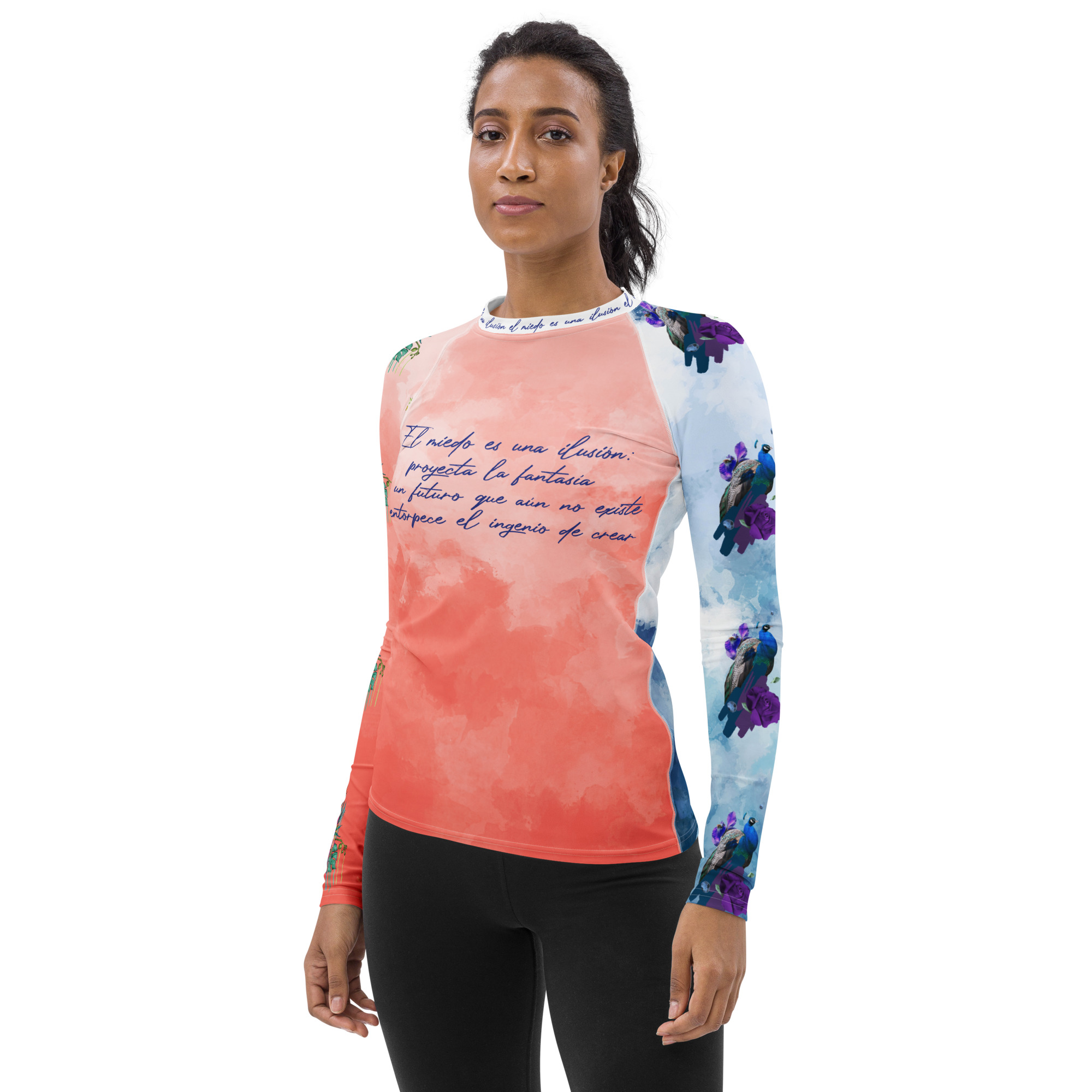 Camiseta desigual de manga larga, nubes, flores y aves y con cita: El miedo es una ilusión - Imagen 3